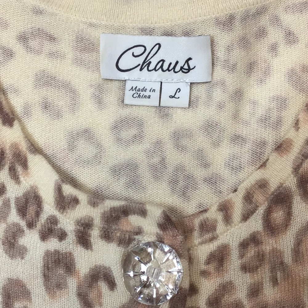Chaus Leopard Print Silk Angora Blend 3/4 Sleeve Crystal Button Cardigan Sz.L - Picture 2 of 10